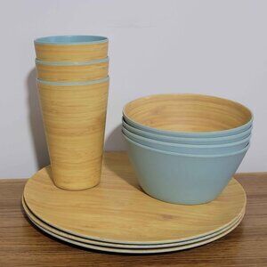 Melamine Wood-Looking Dinnerware Plastic Set for 3 - Sky Blue Natural Boho Calm